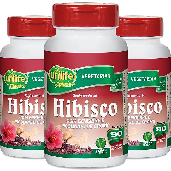 Kit com 3 Hibisco com gengibre 90 comprimidos Unilife