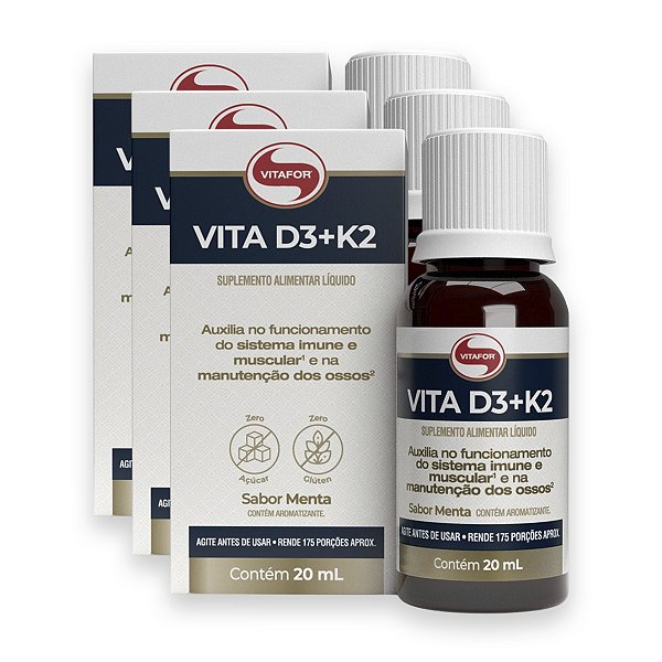 Kit 3 Vita D3 + K2 Vitafor 20ml Menta