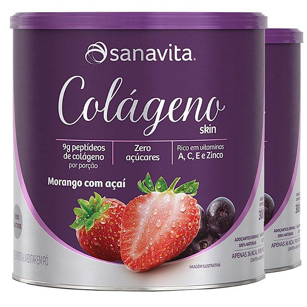 Kit 2 Colágeno hidrolisado em pó Sanavita 300g Morango e Açaí