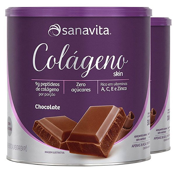 Kit 2 Colágeno Skin Hidrolisado Zero Açúcar em pó Sanavita 300g Chocolate