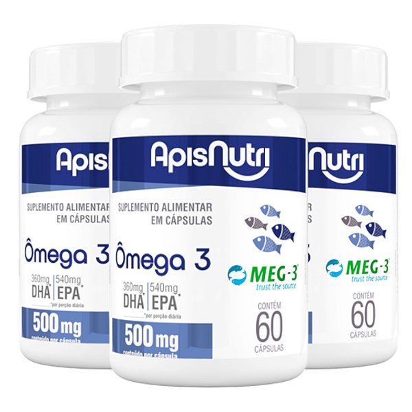 Kit 3 Ômega 3 EPA DHA Óleo de Peixe MEG-3 Apisnutri 60 Cápsulas