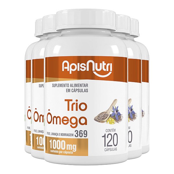 Kit 5 Trio Omega 3, 6 e 9 Apisnutri 1000mg 120 cápsulas