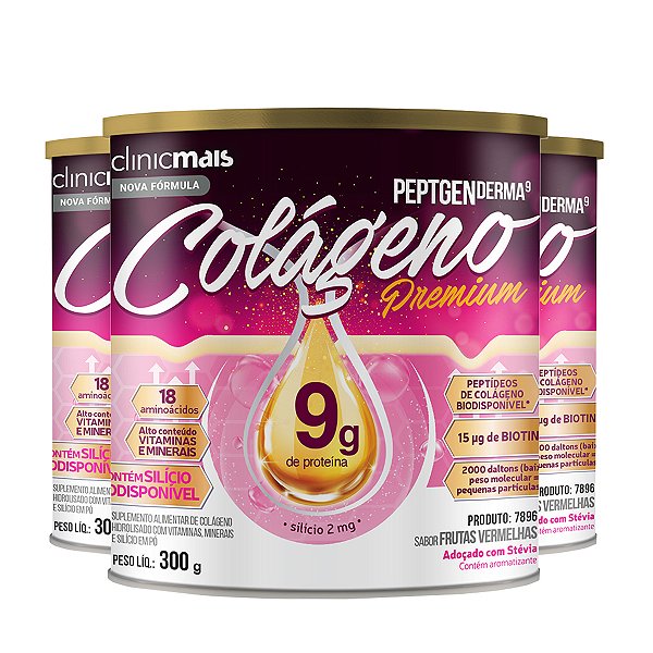 Kit 3 Colágeno Peptgenderma Clinicmais 300g Frutas Vermelhas