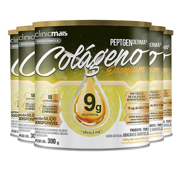 Kit 5 Colágeno Peptgenderma Clinicmais 300g Abacaxi com Hortelã