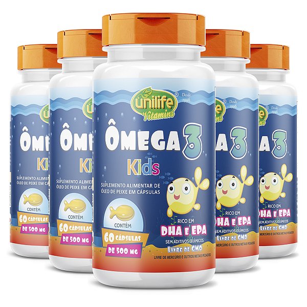Kit 5 Ômega 3 500mg Kids Unilife 60 Cápsulas