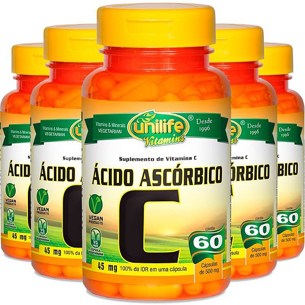 Kit 5 Vitamina C Ácido Ascórbico 60 cápsulas Unilife