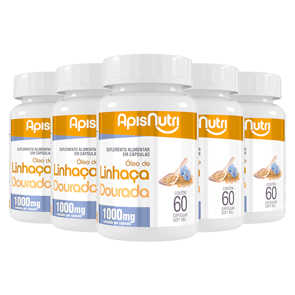 Kit 5 Óleo de Linhaça Dourada 1000mg Apisnutri 60 cápsulas