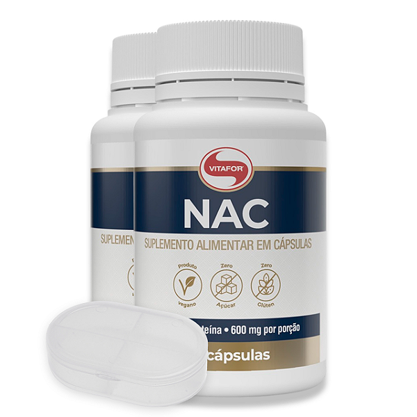 Kit 2 NAC N-Acetil L-Cisteína 600mg Vitafor 60 Cápsulas + Porta Cápsulas