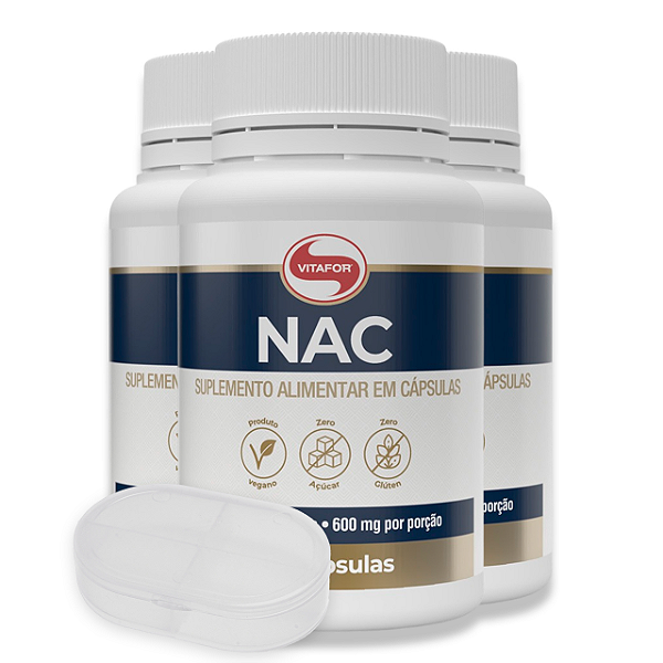 Kit 3 NAC N-Acetil L-Cisteína 600mg Vitafor 60 Cápsulas + Porta Cápsulas