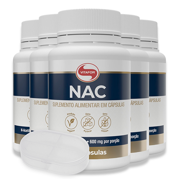 Kit 5 NAC N-Acetil L-Cisteína 600mg Vitafor 60 Cápsulas + Porta Cápsulas