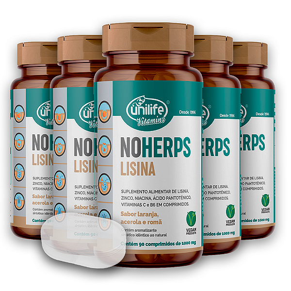 Kit 5 NoHerps Lisina Unilife 90 comprimidos Laranja e Acerola + Porta Cápsulas