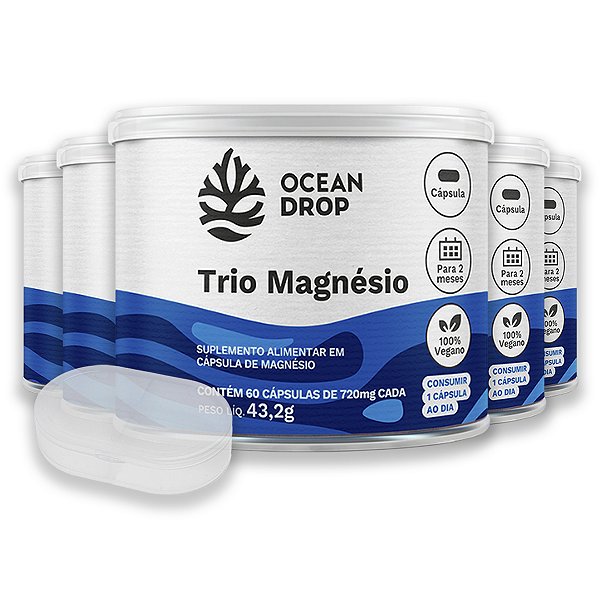 Kit 5 Trio Magnésio Ocean Drop Vegano 60 Cápsulas + Porta Cápsulas