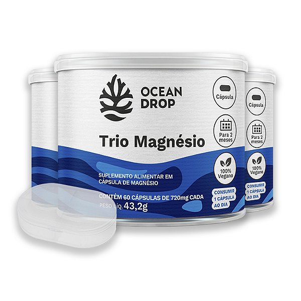 Kit 3 Trio Magnésio Ocean Drop Vegano 60 Cápsulas + Porta Cápsulas