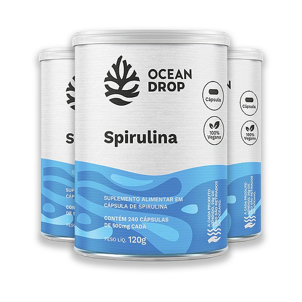 Kit 3 Spirulina 520mg Ocean Drop Vegana 240 Cápsulas
