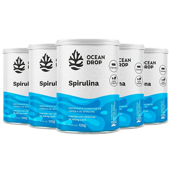 Kit 5 Spirulina 520mg Ocean Drop Vegana 240 Cápsulas