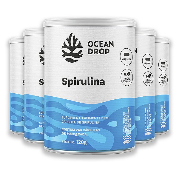 Kit 5 Spirulina 520mg Ocean Drop Vegana 240 Cápsulas