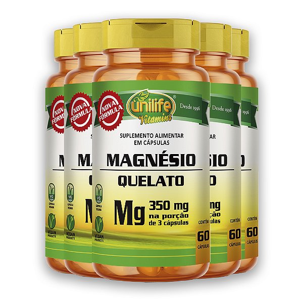 Kit 5 Magnésio Quelato Unilife 350mg 60 Cápsulas