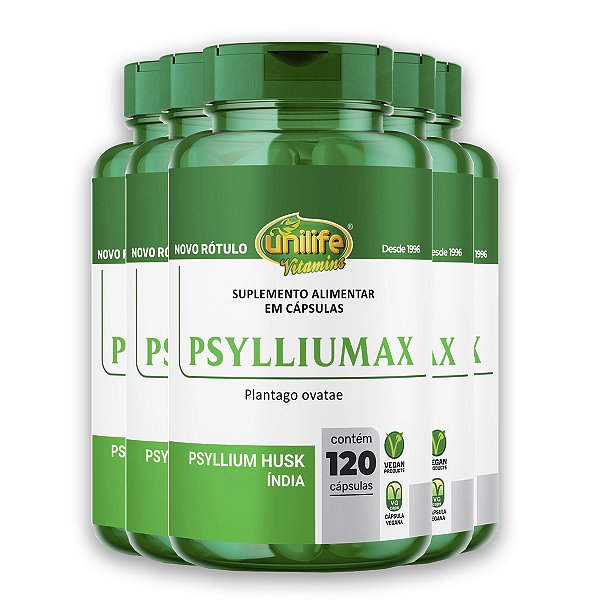 Kit 5 Psyllium Husk Unilife Psylliumax 120 cápsulas