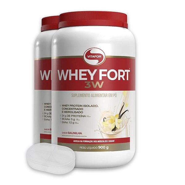 Kit 2 Whey Fort 3W Vitafor Proteína 900g Baunilha