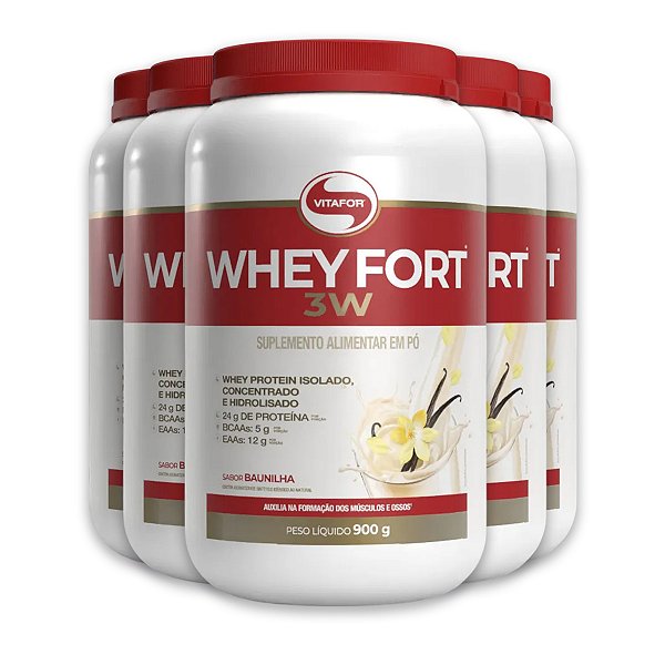 Kit 5 Whey Fort 3W Vitafor Proteína 900g Baunilha