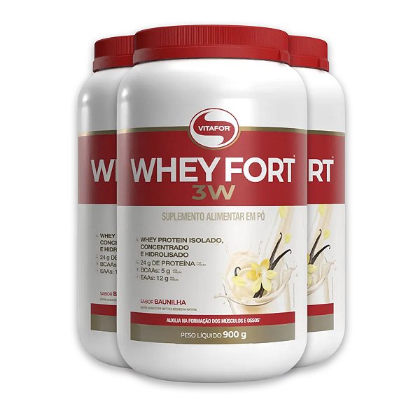 Kit 3 Whey Fort 3W Vitafor Proteína 900g Baunilha