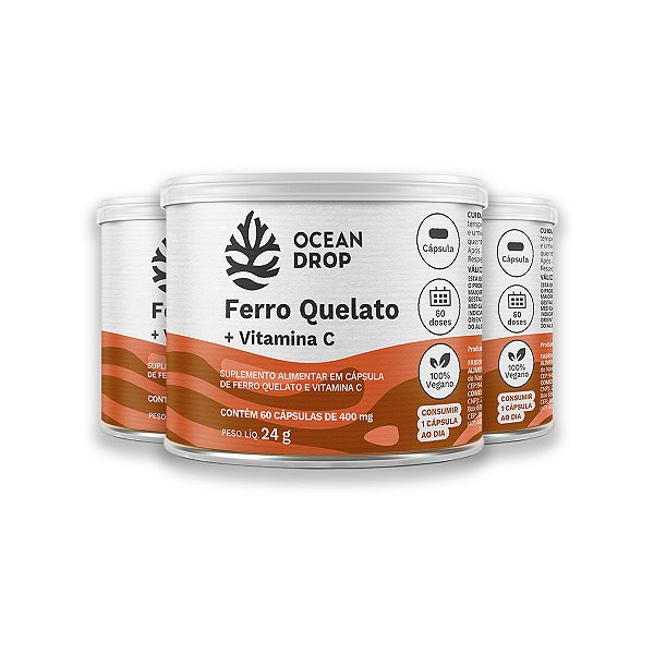 Kit 3 Ferro Quelato e Vit. C Ocean Drop 60 Cápsulas