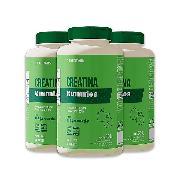 Kit 3 Creatina Gummies Clinicmais 60 Gomas Maça Verde