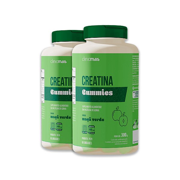 Kit 2 Creatina Gummies Clinicmais 60 Gomas Maça Verde
