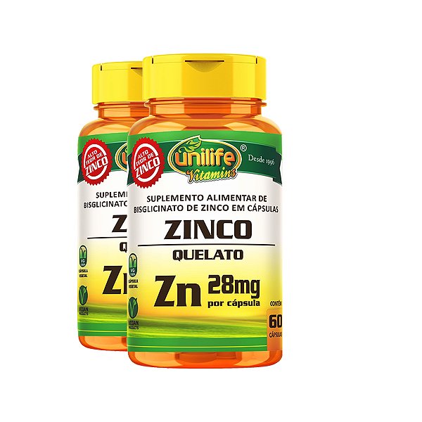 Kit 2 Zinco Quelato 28mg 60 cápsulas Unilife
