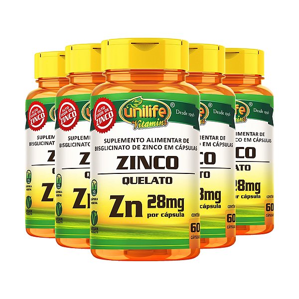 Kit 5 Zinco Quelato 28mg 60 cápsulas Unilife