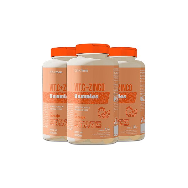 Kit 3 Vit.C + Zinco Gummies Clinicmais 30 Gomas Laranja