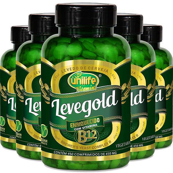 Kit 5 Levegold levedo cerveja com vitamina B12 Unilife