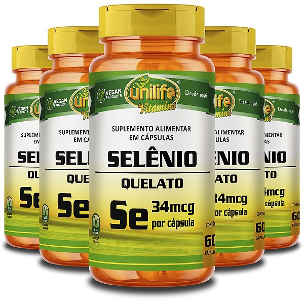 Kit 5 Selênio Quelato Unilife 60 Cápsulas
