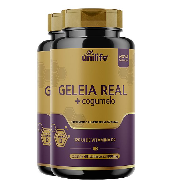 Kit 2 Geleia Real + Cogumelo Unilife 500mg 45 Cápsulas