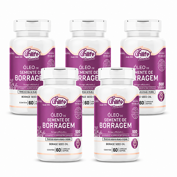 Kit 5 Óleo de Borragem 500mg Unilife 60 cápsulas