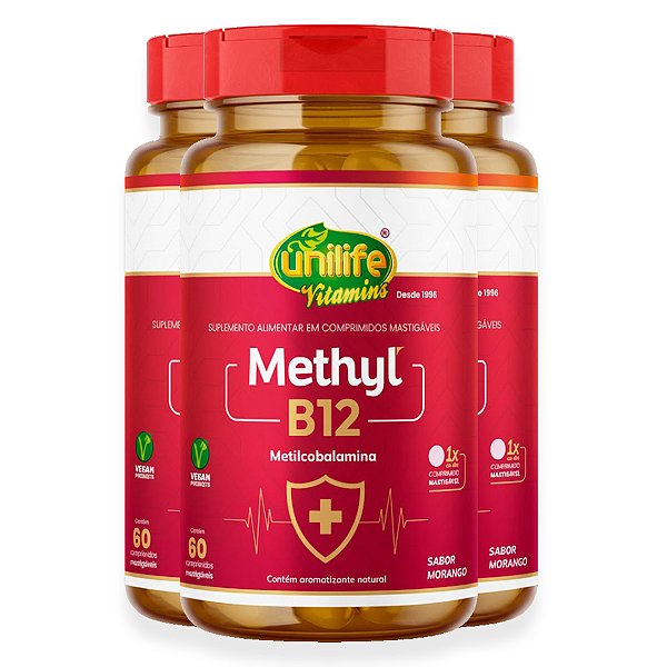 Kit 3 Vitamina Methyl B12 Unilife Morango 60 comprimidos