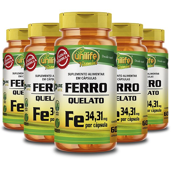 Kit 5 Ferro Quelato FE Unilife 60 Cápsulas