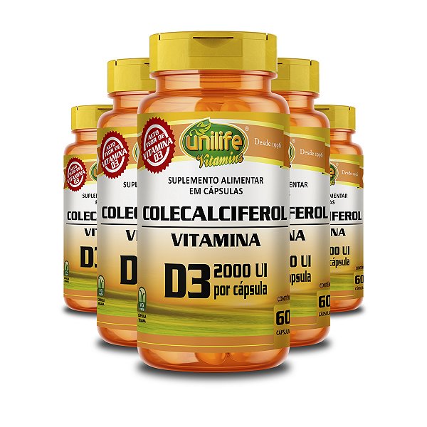 Kit 5 Vitamina D3 2000 UI Colecalciferol Unilife 60 Cápsulas