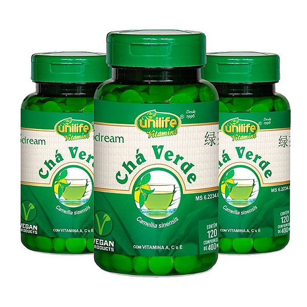 Kit 3 Chá verde com vitamina A, C e E 120 cápsulas Unilife