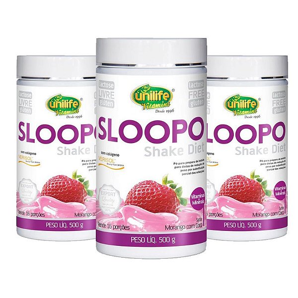 Kit 3 Sloopo Shake Diet Sem Lactose com Colágeno Verisol 400g Morango Unilife