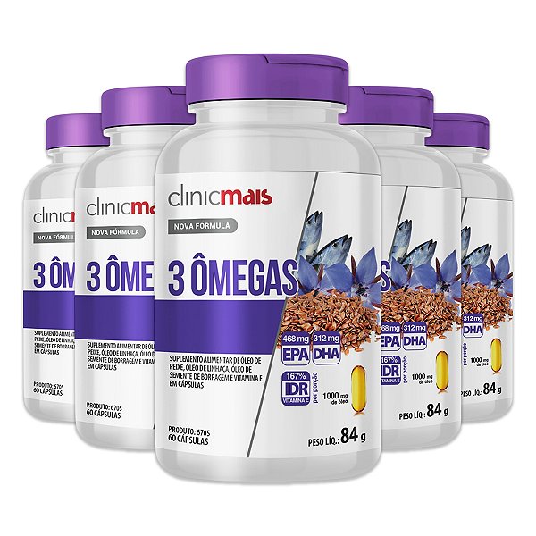 Kit 5 3 Ômegas Óleo de Peixe, Linhaça e Borragem ClinicMais 60 Cápsulas
