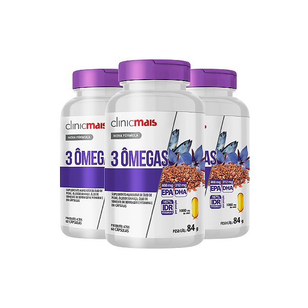 Kit 3 3 Ômegas Óleo de Peixe, Linhaça, Borragem e Vitamina E Clinicmais 60 cápsulas