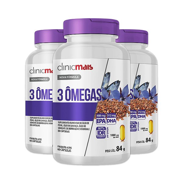 Kit 3 3 Ômegas Óleo de Peixe, Linhaça e Borragem ClinicMais 60 Cápsulas