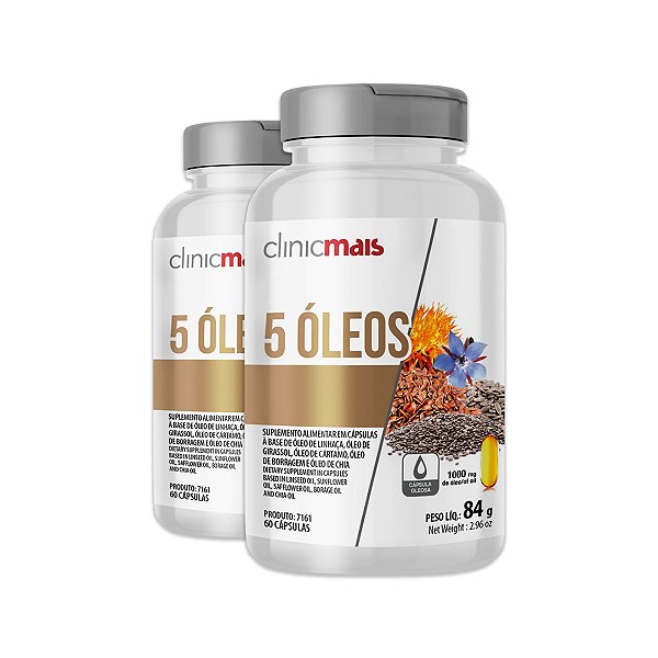 Kit 2 5 Óleos Linhaça, Girassol, Cártamo, Borragem e Chia Clinicmais 60 cápsulas