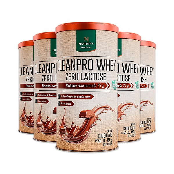 Kit 5 CleanPro Whey Chocolate Sem Lactose Nutrify 450g