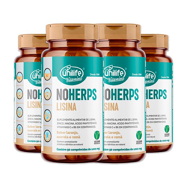 Kit 4 NoHerps Lisina Unilife 90 Comprimidos Laranja e Acerola