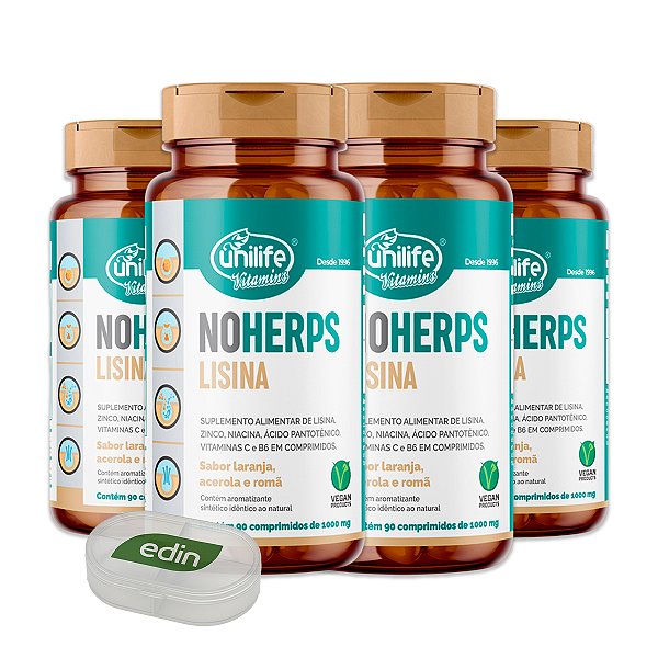 Kit 4 NoHerps Lisina Unilife 90 comprimidos Laranja e Acerola + Porta Cápsulas