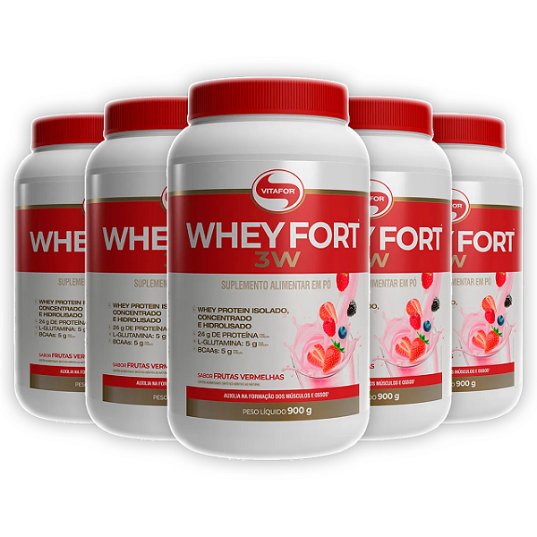 KIT 5 | Whey Fort 3W: Hidrolisado - Frutas Vermelhas Vitafor
