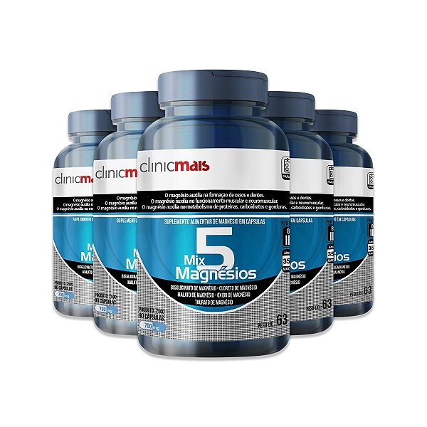 Kit 5 Mix 5 Magnésio ClinicMais 90 Cápsulas