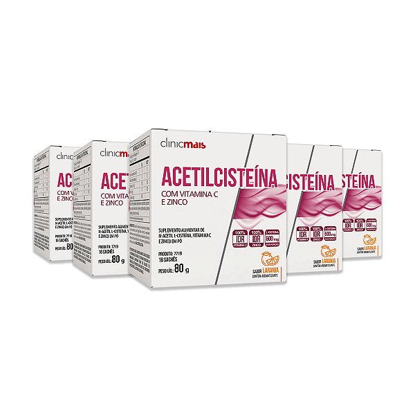 Kit 5 Acetilcisteína ClinicMais 16 Sachês Laranja
